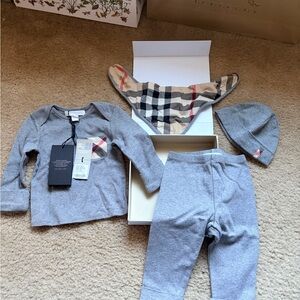 Burberry Gray Baby Set with Checkered Detail. NIB. 9 months.